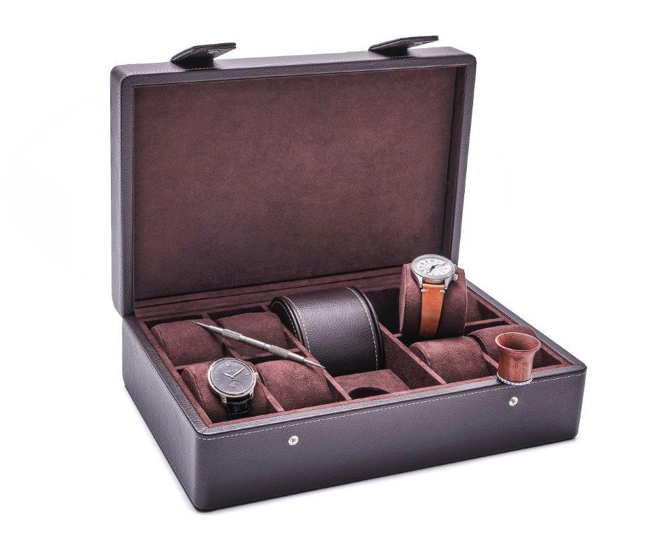 Collector's watch-box for up to 9 watches, incl. watchmakers' tools & wooden magnifyer