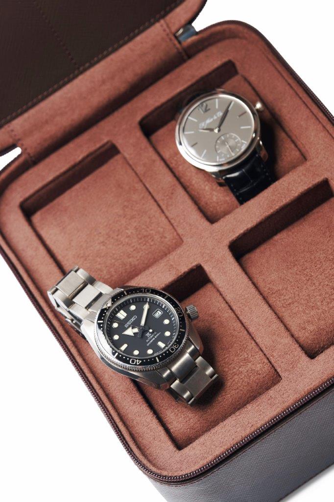 ZIP-case for 4 watches in genuine CALF LEATHER | chocolate saffiano