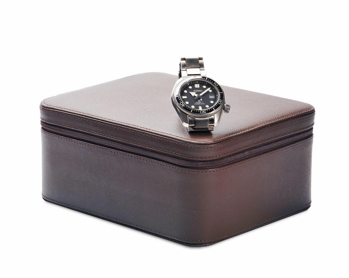 ZIP-case for 4 watches in genuine CALF LEATHER | chocolate saffiano