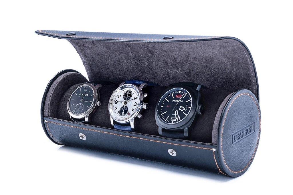 Watch-Roll for 3-4 watches | chocolate PU-leather - anthracite