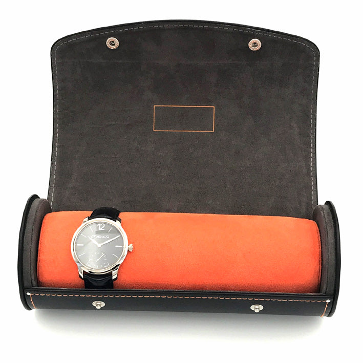 Watch-Roll for 3-4 watches | chocolate PU-leather - orange